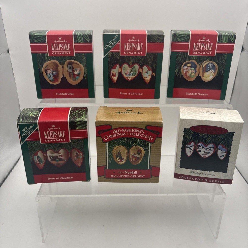 Vtg~Hallmark Ornaments~Lot of 6~Nutshell Nativity/Chat/Heart of Christmas~IOB